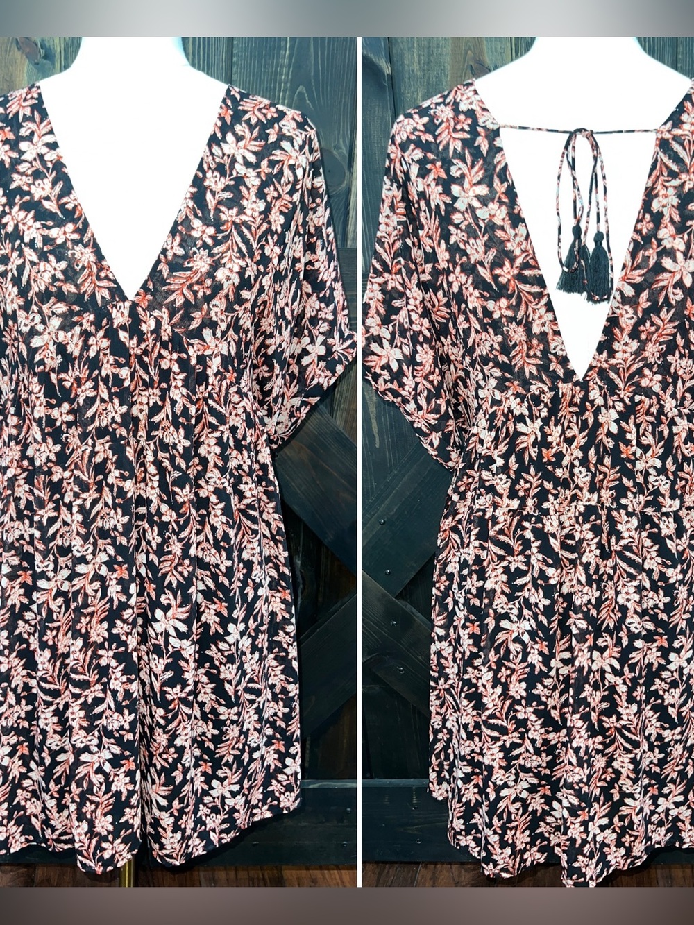Free People Black Multi Oversized Floral Babydoll Tunic Mini Dress M Boho Chic